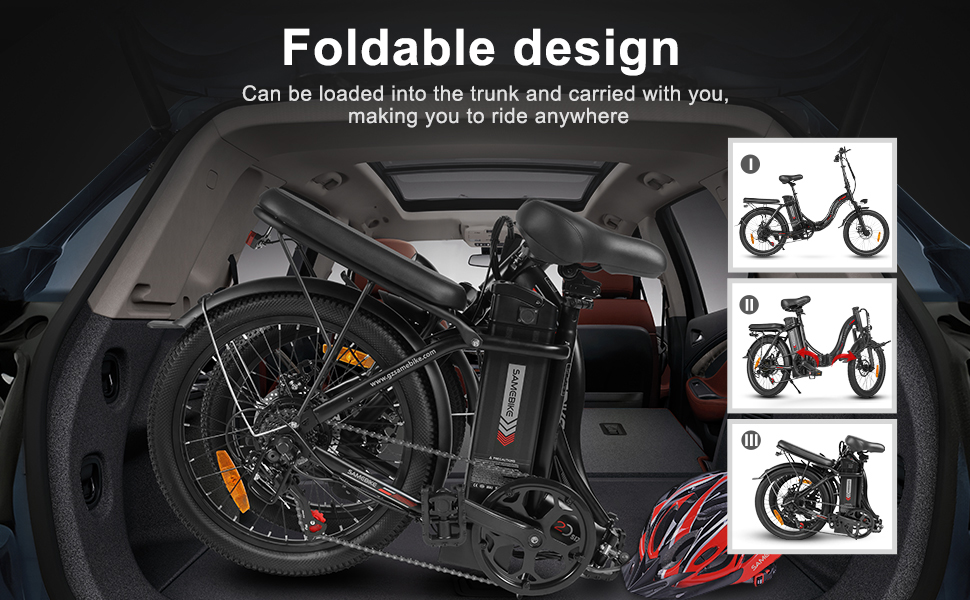 Opvouwbare elektrische fiets weergegeven in de kofferbak van de auto en via opvouwbare sequentiediagrammen. Demonstreert de compacte opslagcapaciteit voor transport.