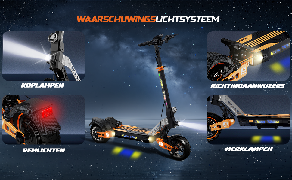 Elektrische scooter met waarschuwingslichtsysteem met koplamp, achterlicht, richtingaanwijzers en reflectoren. Scooter afgebeeld in het midden met close-ups van verlichtingscomponenten eromheen