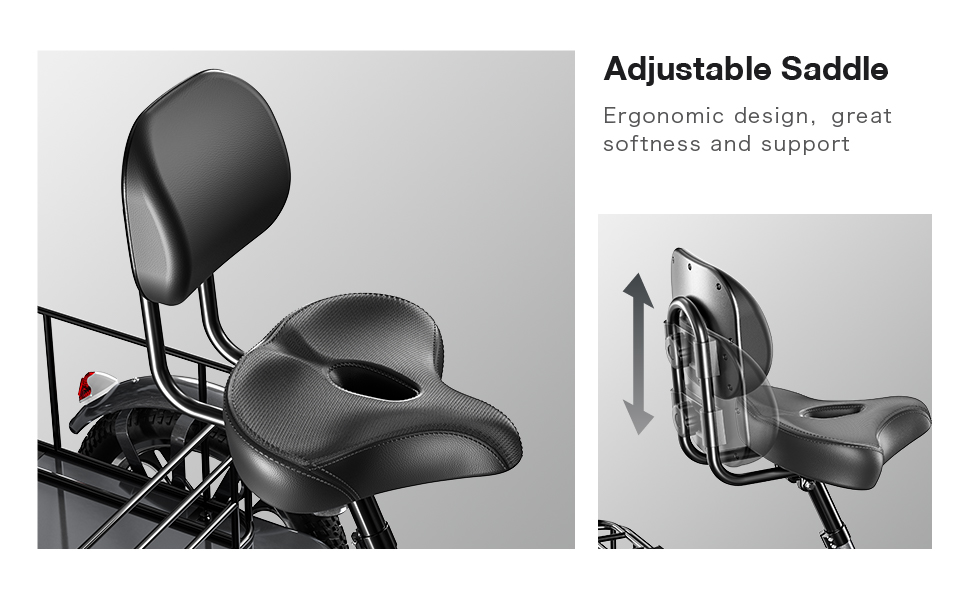 De tekst luidt 'Verstelbaar zadel', 'Ergonomisch ontwerp, geweldige zachtheid en ondersteuning'. Meerdere aanzichten van een zwarte ergonomische stoel of zadelstoel met verschillende hoeken.