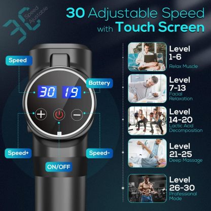 Muscle Massage Gun, Massage Gun Portable Muscle Massager with Deep Tissues, Ultra-Quiet 30 Speed Optional Modes, Percussion Massager with 8 Massage Heads and LCD Display