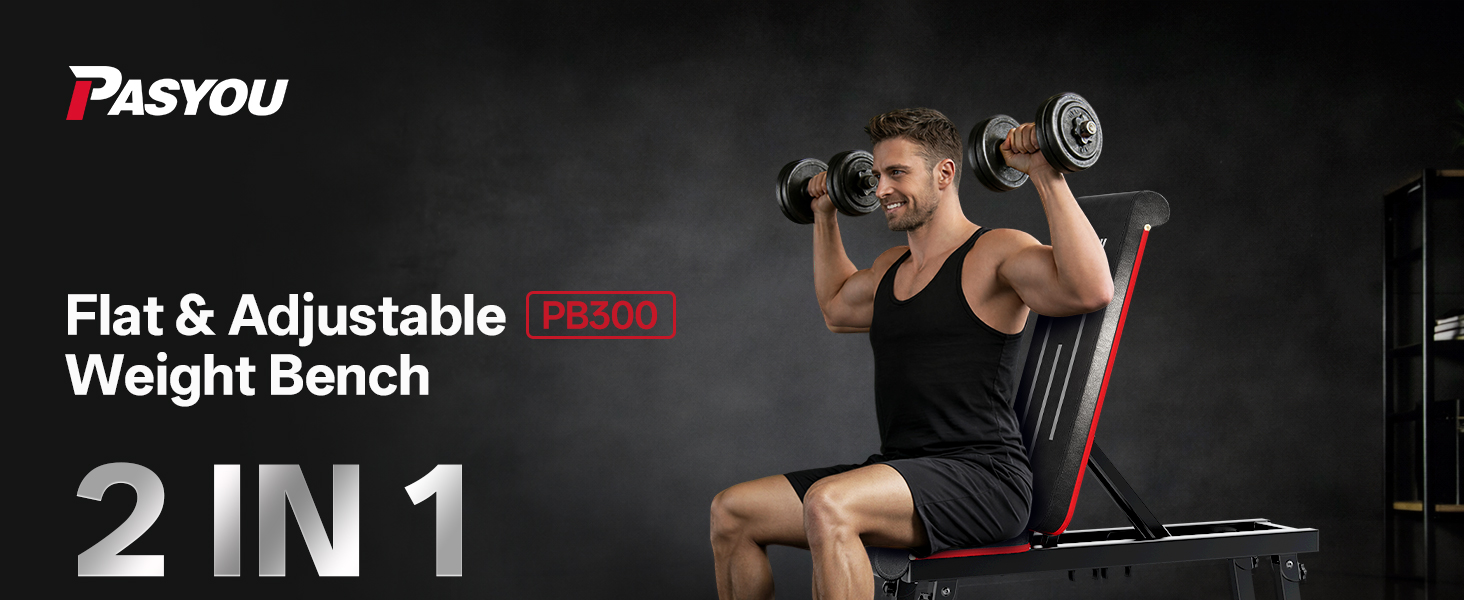 Text reads '2 IN 1 Flat &amp; Adjustable Weight Bench'. Product photo shows adjustable exercise bench in dark color with red accents, featuring multiple adjustment positions.