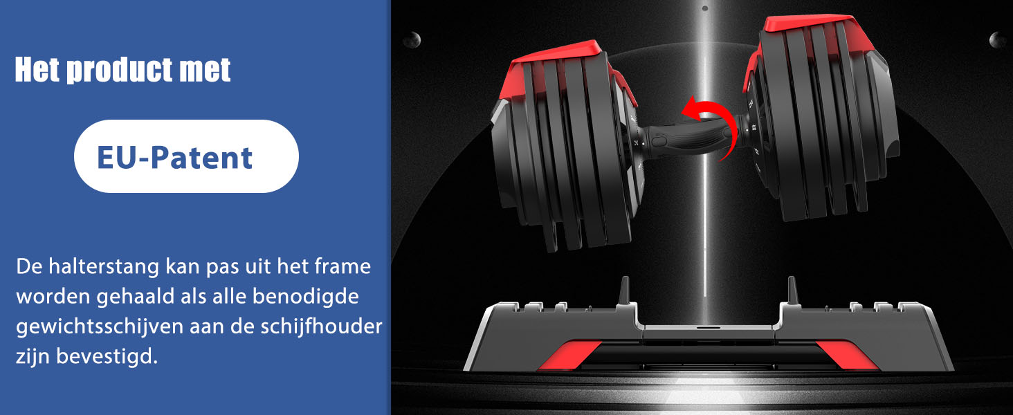 Verstelbare halter met rood en zwart kleurenschema. De tekst geeft een EU-octrooi aan en vermeldt dat halterschijven naar behoefte aan het frame kunnen worden bevestigd