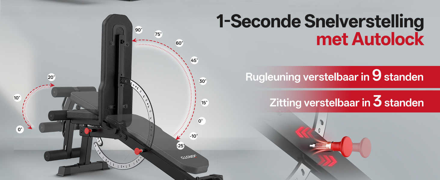 De tekst luidt '1-Seconde Snelverstelling met Autolock'. Diagram met verstelbare fitnessapparatuur met genummerde posities en rode pijlen die het bewegingsbereik aangeven.