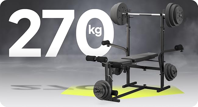 Text reads '270kg'. Product illustration showing black exercise equipment component with neon yellow accent, demonstrating weight capacity specification.