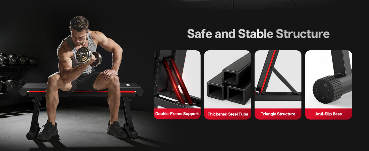 Text reads 'Safe and Stable Structure'. Exercise or fitness-related images showing people in workout or stretching positions.