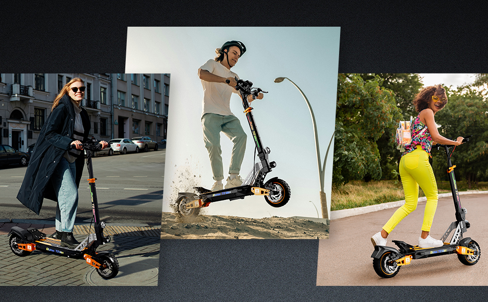 Collage van drie mensen die op elektrische scooters rijden in verschillende omgevingen. Scooters hebben twee wielen, een stuur en staande platforms. Ruiters getoond in stads- en parkomgevingen.