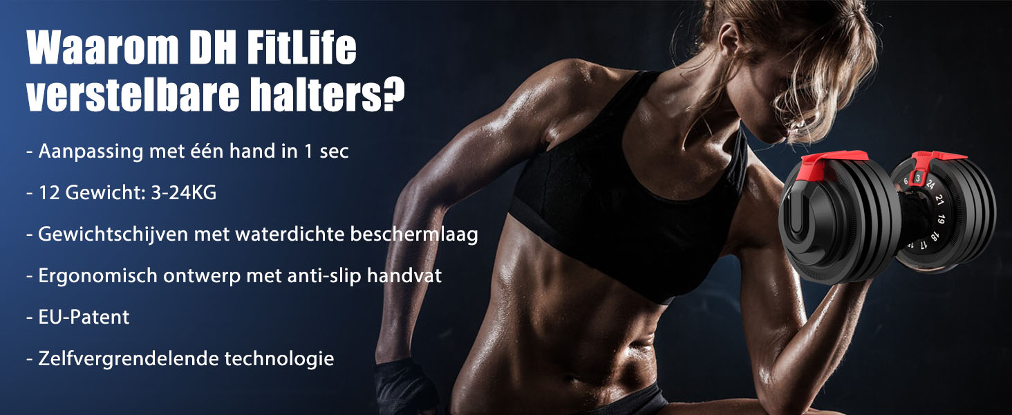 Close-up van een gespierde arm met een halter. Tekstoverlay bespreekt verstelbare halters in een taal die Nederlands lijkt te