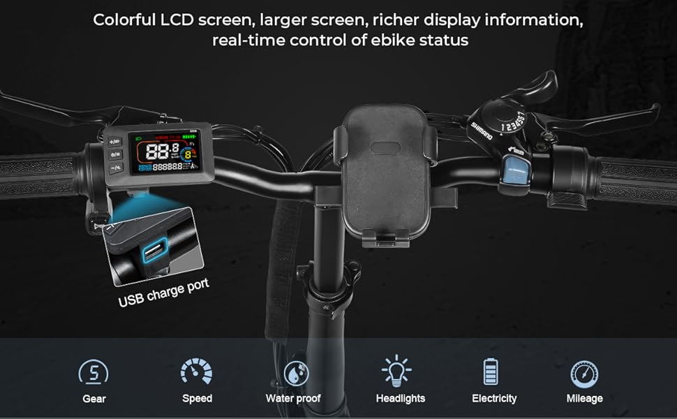 Fietsstuurdisplay met een LCD-scherminterface met meerdere functiepictogrammen en realtime statusindicatoren voor de bediening en instellingen van de fiets.