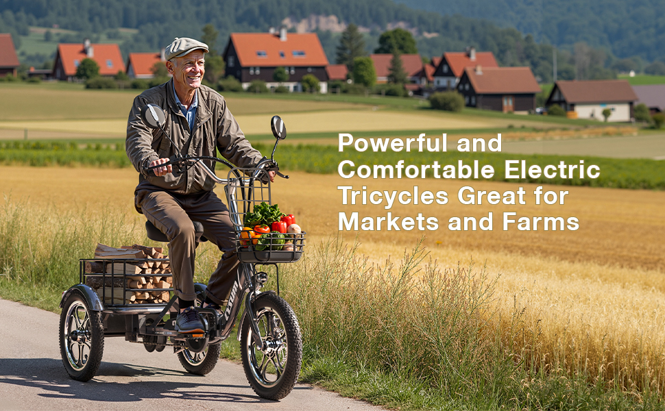 Elektrische driewieler op een landelijke weg met ruiter die een mand met producten draagt. Driewielig ontwerp met laadruimte. De tekstoverlay beschrijft het gebruik voor markten en boerderijen