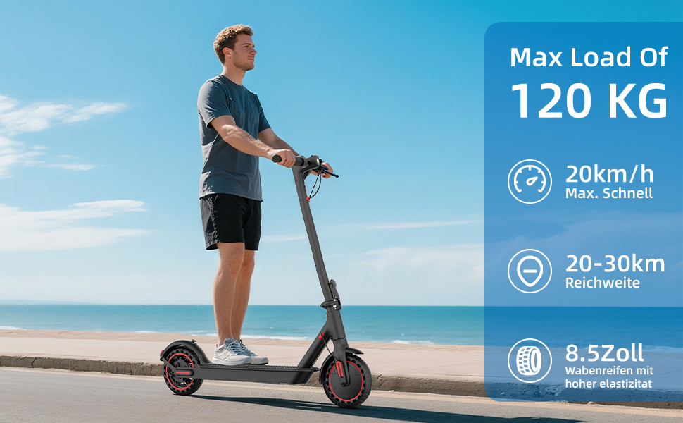 De tekst luidt 'Maximale belasting van 120 KG', '20-30 km', '8.520! '. Productafbeelding van een elektrische scooter met specificaties, met een persoon die op de achtergrond van het strand rijdt.