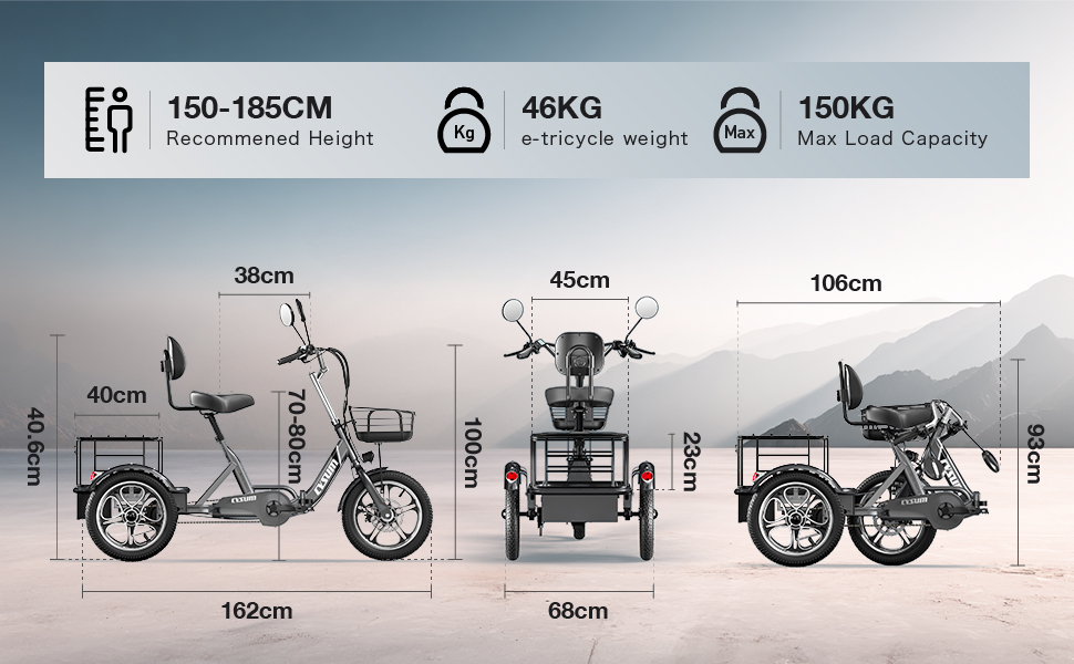 Specificatieschema van een opvouwbare elektrische driewieler. Toont afmetingen, gewicht (46 kg), maximale belasting (150 kg) en aanbevolen rijdershoogte (150-185 cm). In drie weergaven worden gevouwen, uitgevouwen en zijconfiguraties