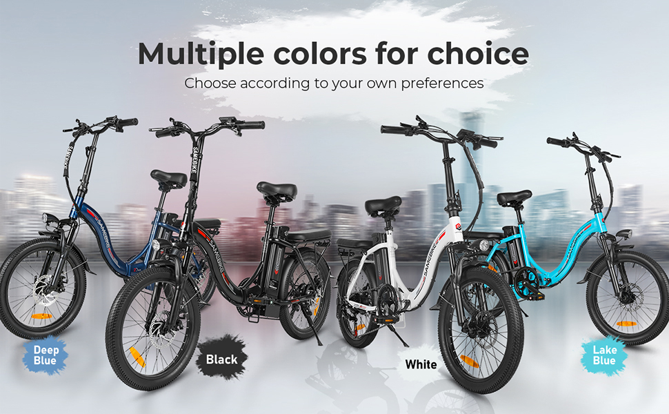 Display van opvouwbare elektrische fietsen in meerdere kleuren, waaronder donkerblauw, zwart, wit en lichtblauw. Beschikt over een compact frameontwerp en een trapondersteuningssysteem.