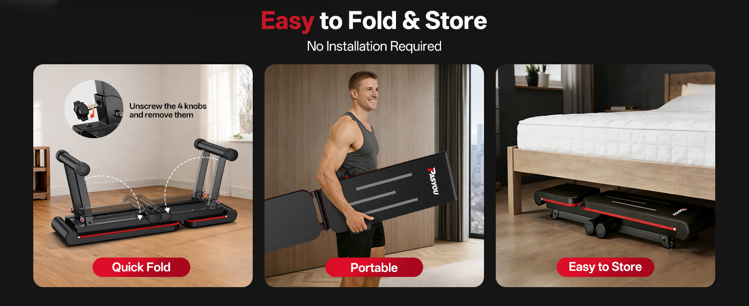 Text reads 'Easy to Fold &amp; Store'. Multiple panels showing black folding device or equipment in various stages of storage and setup.