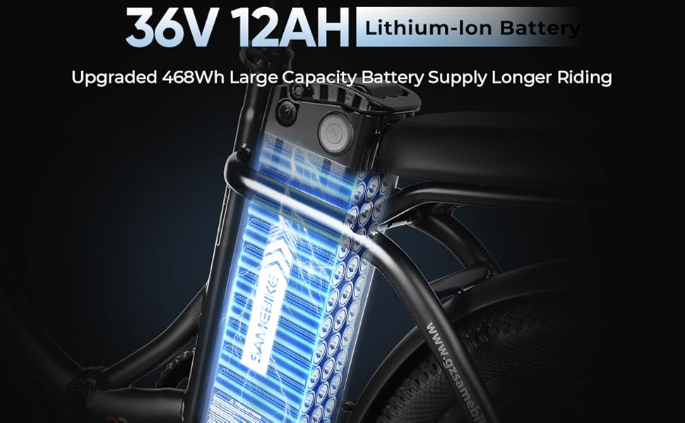 36V 12AH lithium-ionbatterij voor elektrische fietsen, met blauw verlichte cellen en een grote capaciteit van 468 Wh met een gebruiksduur van 8-6 uur
