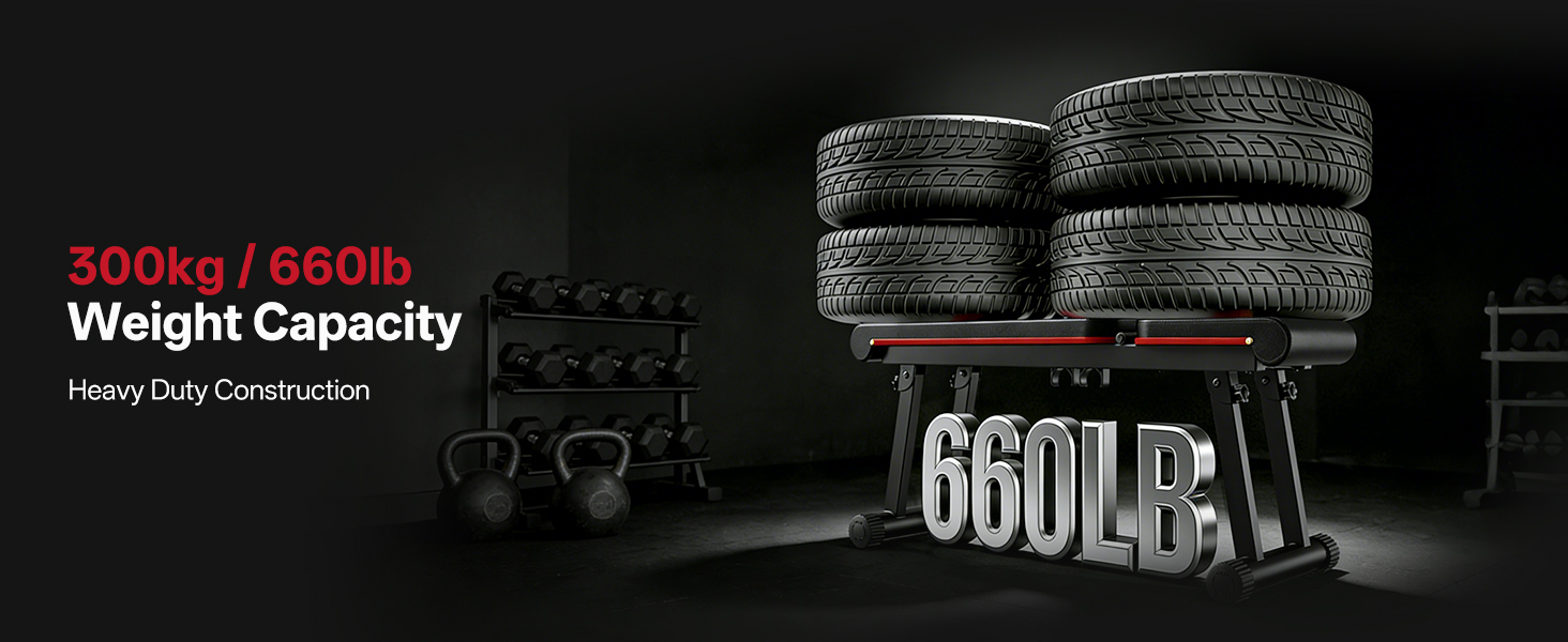 Text reads: '500lbs / 650lb Weight Capacity'. Black fitness equipment or weights shown against dark background.
