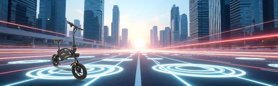 Futuristisch stadsgezicht met motorfiets op de voorgrond, met lichtsporen en moderne wolkenkrabbers langs een brede stadsstraat bij zonsondergang.