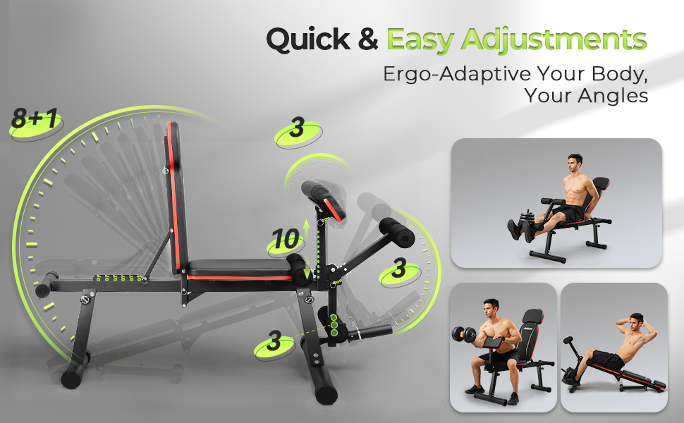 De tekst luidt 'Snelle en eenvoudige aanpassingen'. Demonstratie van fitnessapparatuur met verschillende trainingsposities met genummerde indicatoren voor aanpassingspunten.