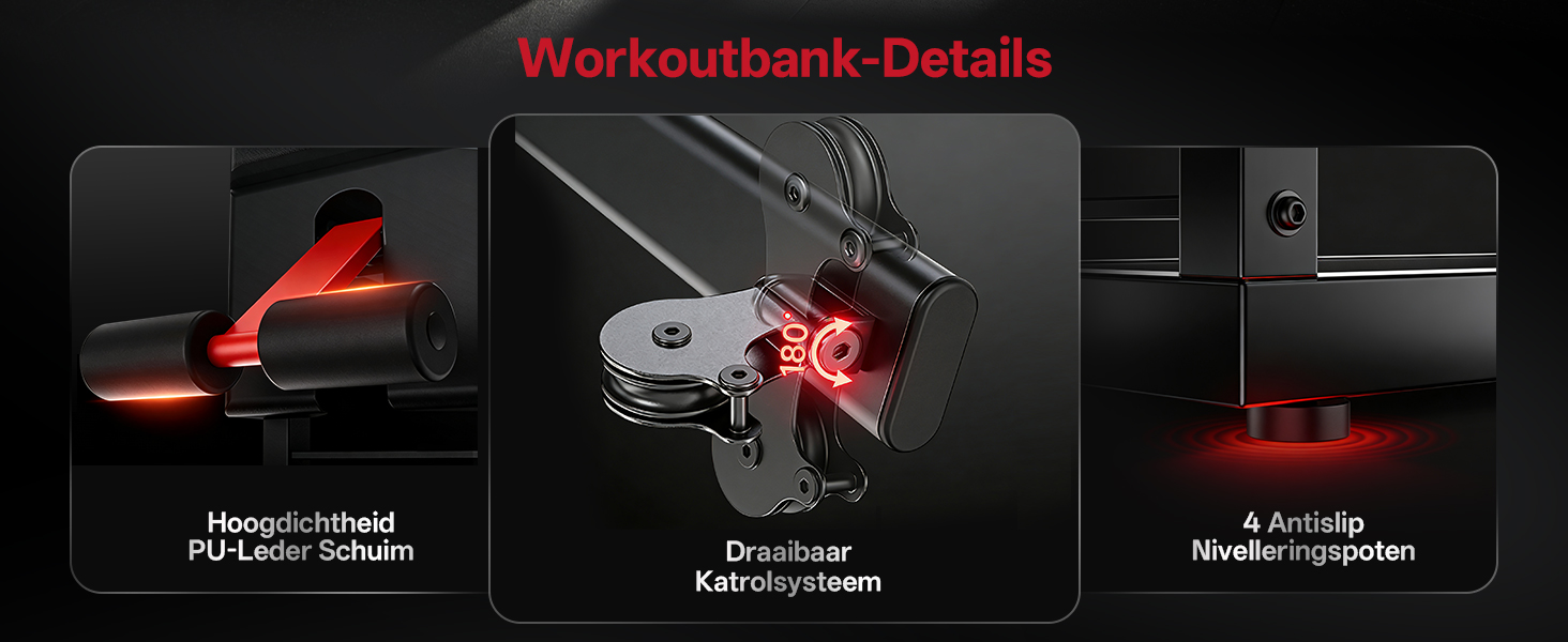 De tekst luidt 'Workoutbank-Details'. Serie donkere technische productdiagrammen met onderdelen van fitnessapparatuur met rode accentmarkeringen.