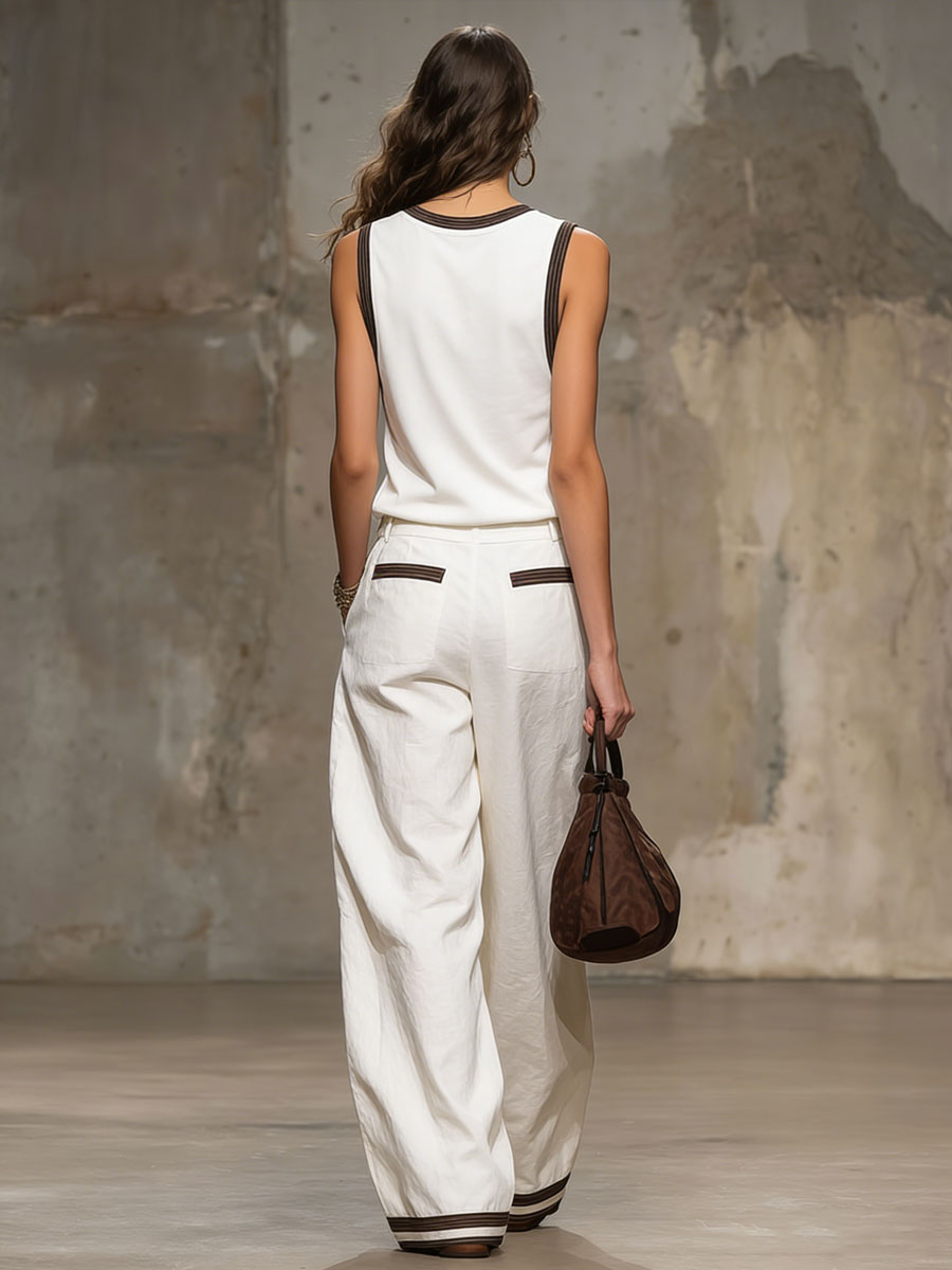 Casual Retro Brown-trimmed White Cotton Linen Sleeveless Top And Pants Set