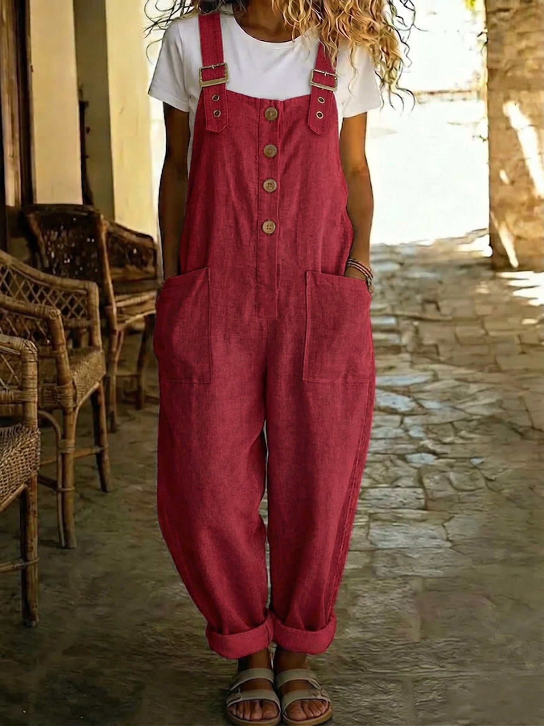 Casual Linen And Cotton Jumpsuit With Adjustable Straps