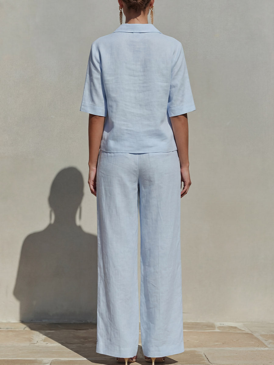 Women's Solid-color Cotton & Linen Set: V-neck Short-sleeve Loose-fit Top And High-waisted Wide-leg Pants