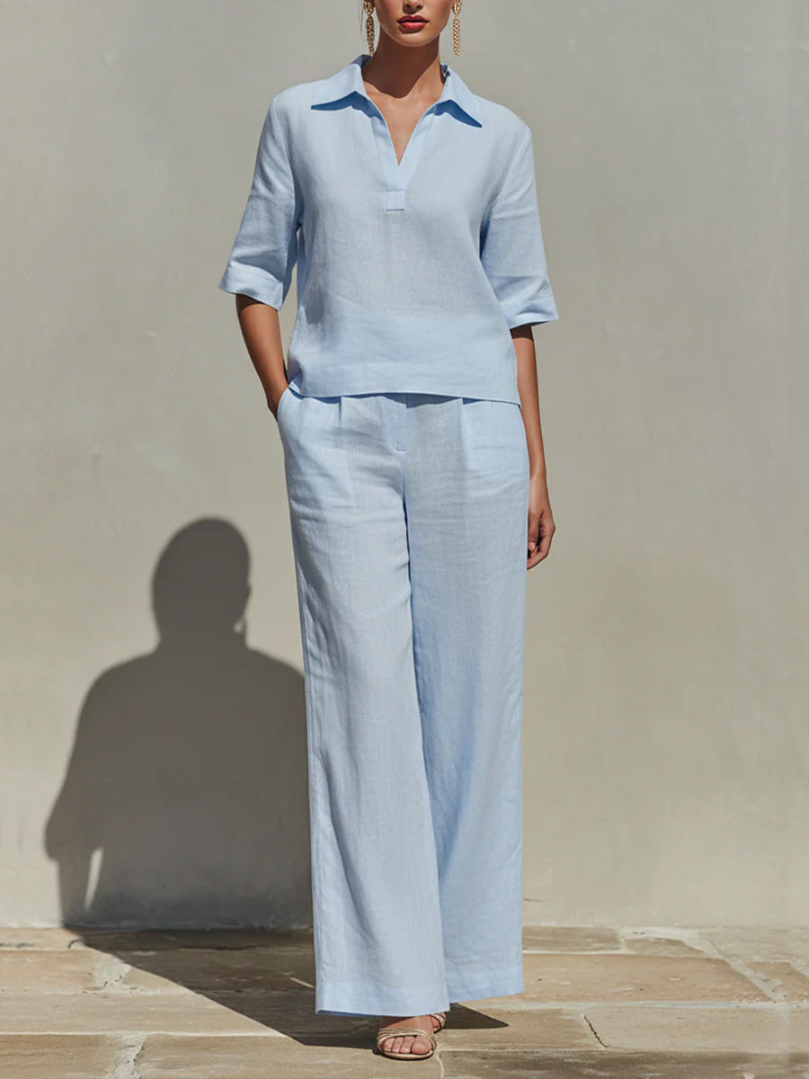 Women's Solid-color Cotton & Linen Set: V-neck Short-sleeve Loose-fit Top And High-waisted Wide-leg Pants