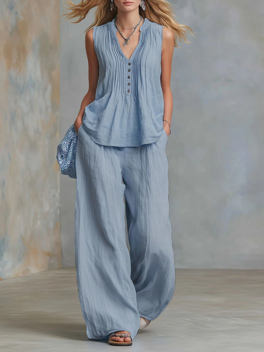 Casual Linen And Cotton Pleated Sleeveless Top And Pants Two-piece Set