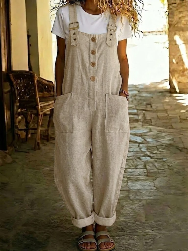 Casual Linen And Cotton Jumpsuit With Adjustable Straps