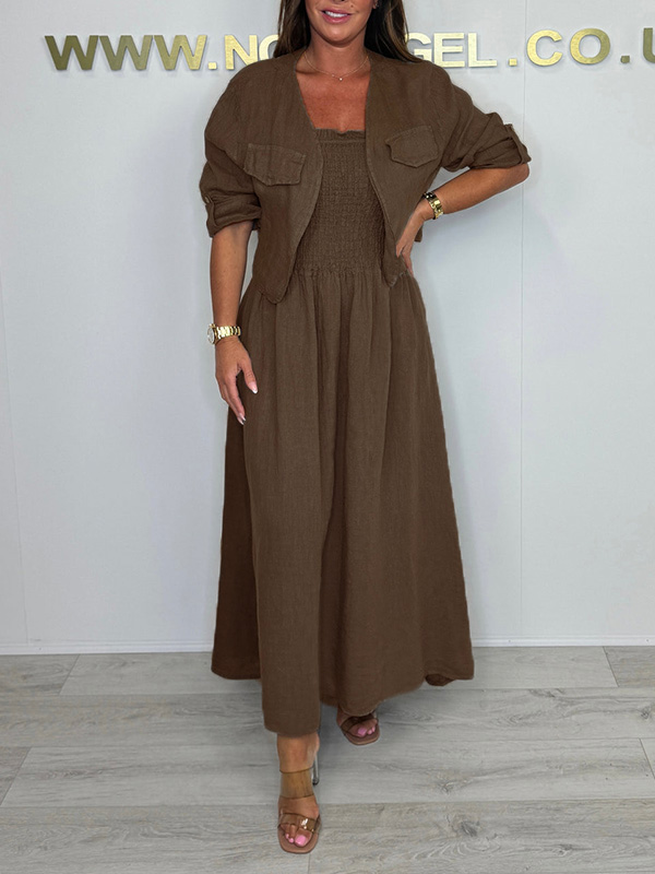 CLEARANCE🔥 Linen Smocked Dress With Over Jacket Two-piece Set