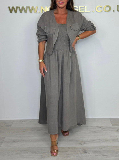 CLEARANCE🔥 Linen Smocked Dress With Over Jacket Two-piece Set