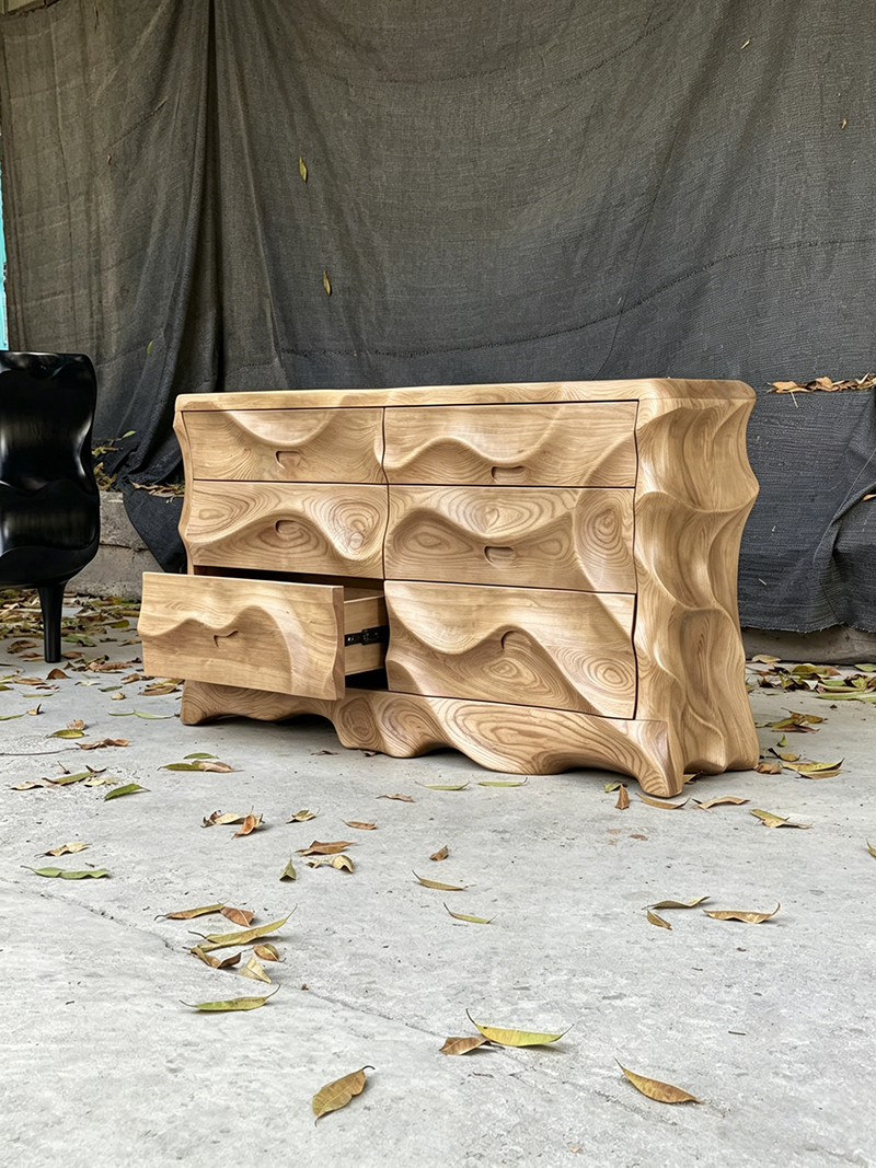 Modern Art Matte Wave Front Sculptural Sideboard Six-Drawer Cabinet