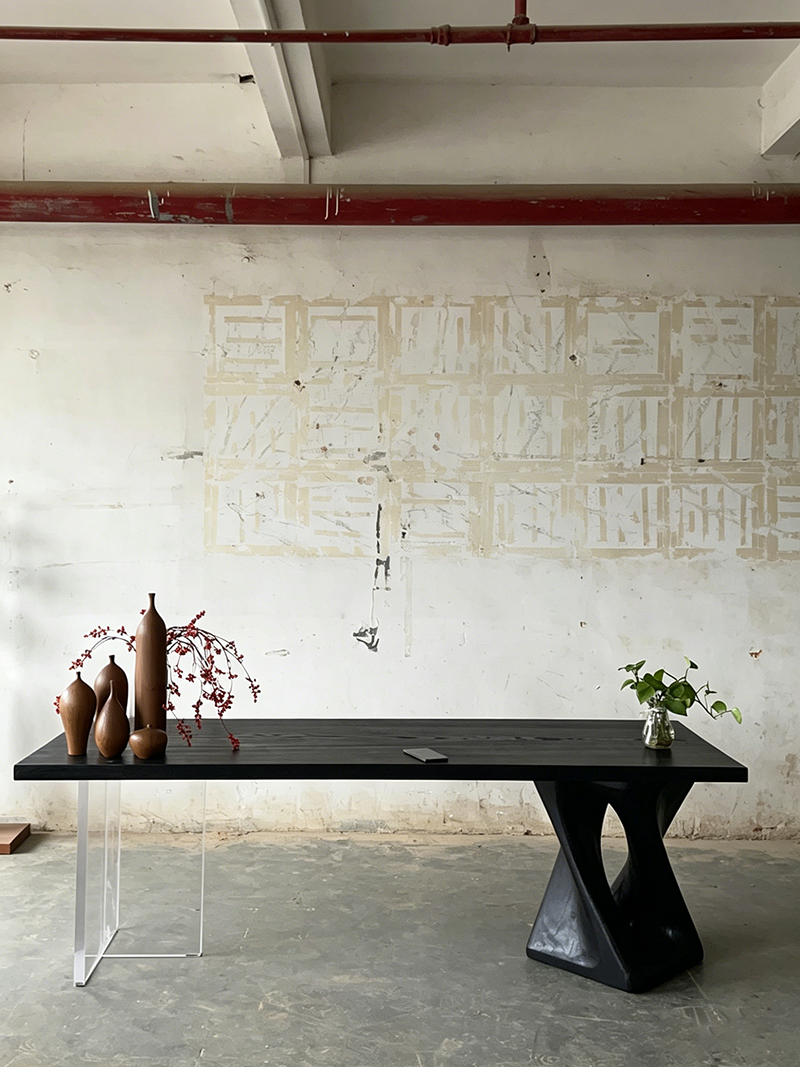 Asymmetrical Modern Acrylic and Sculptural Leg Solid Wood Square Table
