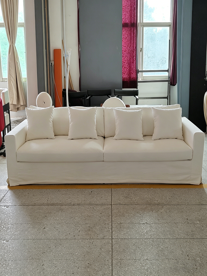 Modern Minimalist Cream White Three-Seater Sofa with Straight Lines