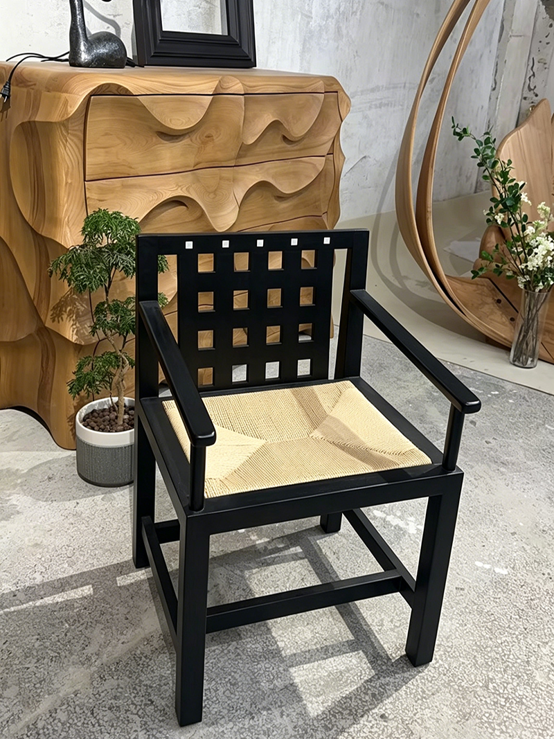 Handcrafted solid wood lattice back vintage mother-of-pearl art chair