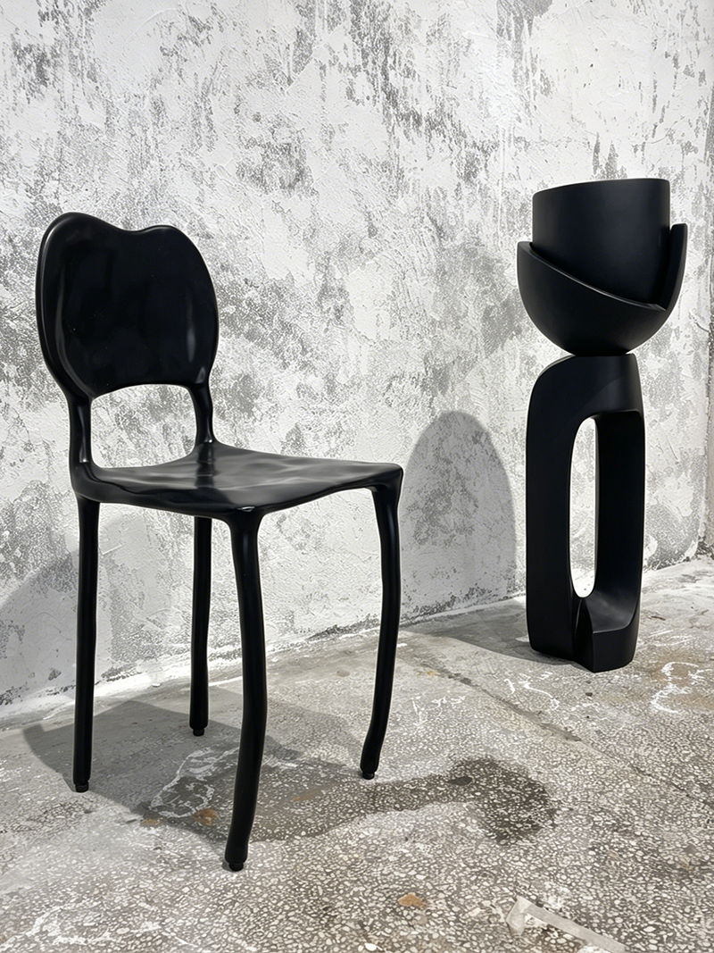 Surrealist minimalist fluid-shaped handmade solid wood melting chair