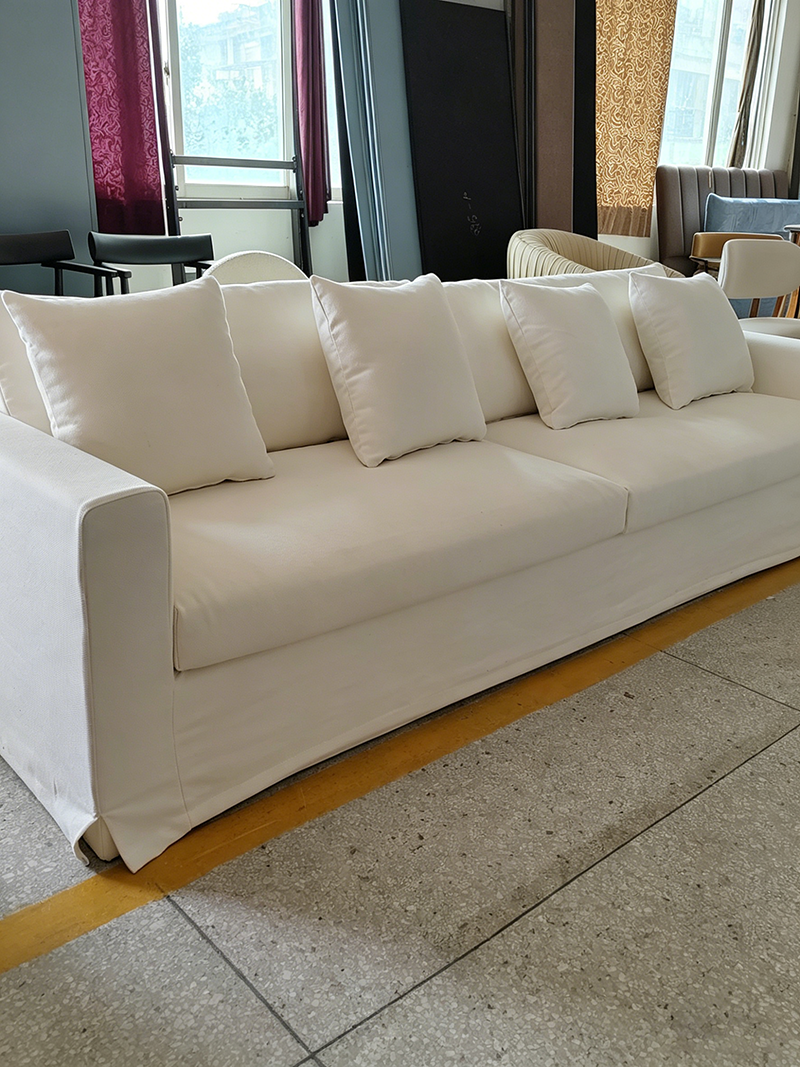Modern Minimalist Cream White Three-Seater Sofa with Straight Lines