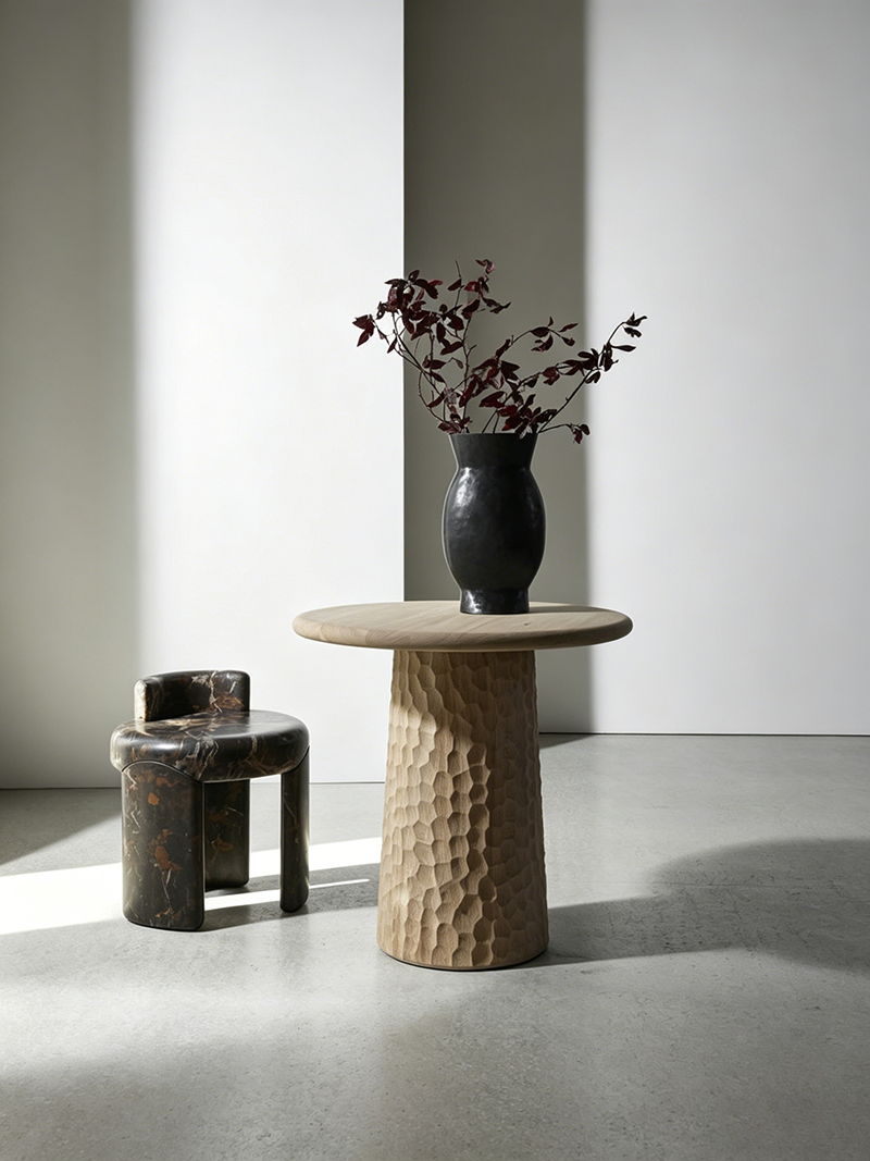 Modern natural hand-carved honeycomb solid wood side table