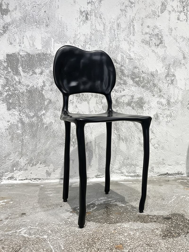 Surrealist minimalist fluid-shaped handmade solid wood melting chair