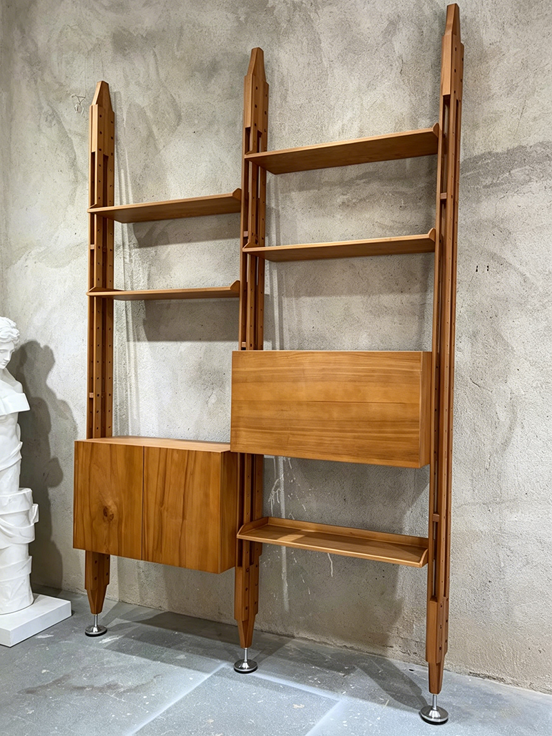 Medieval-style wooden trapezoidal shelving unit wall-mounted bookshelf