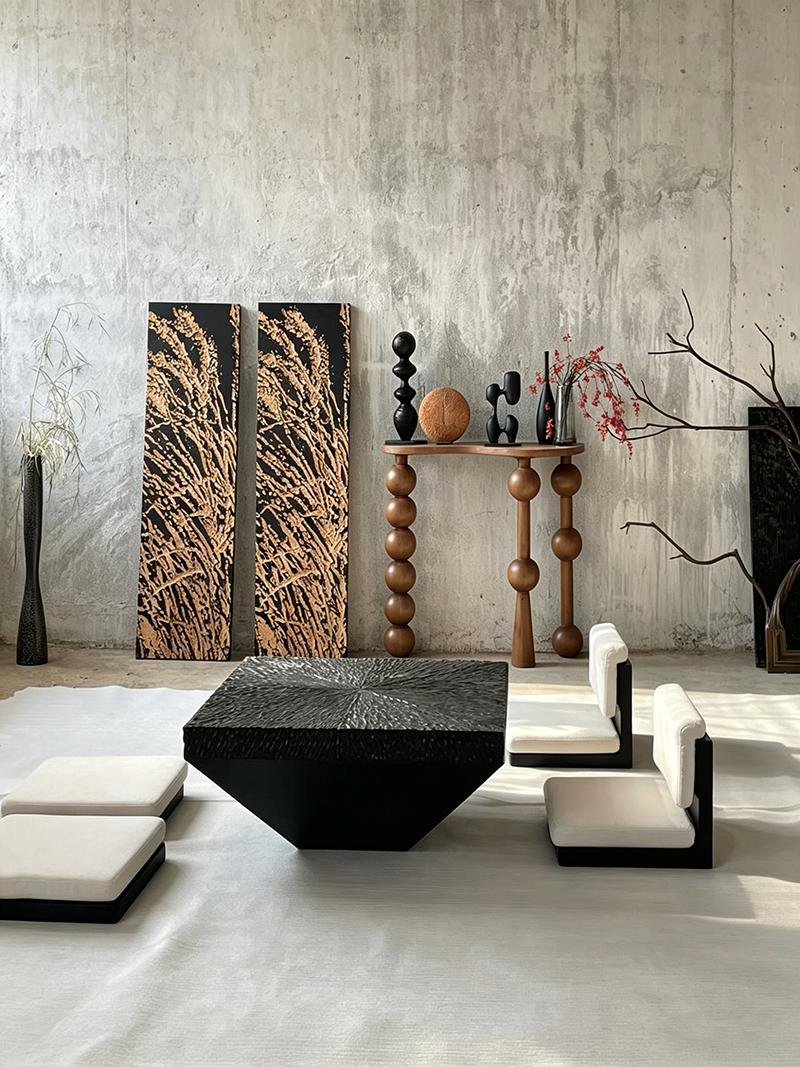 Modern black textured square sculptural-style tea table coffee table