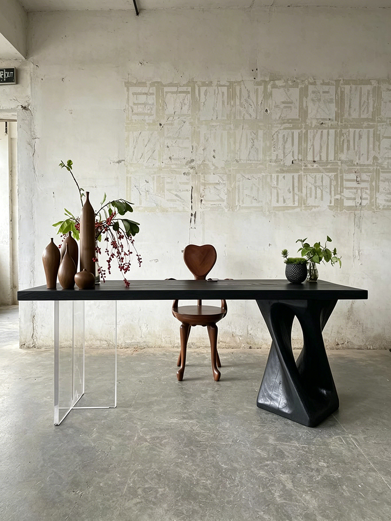 Asymmetrical Modern Acrylic and Sculptural Leg Solid Wood Square Table