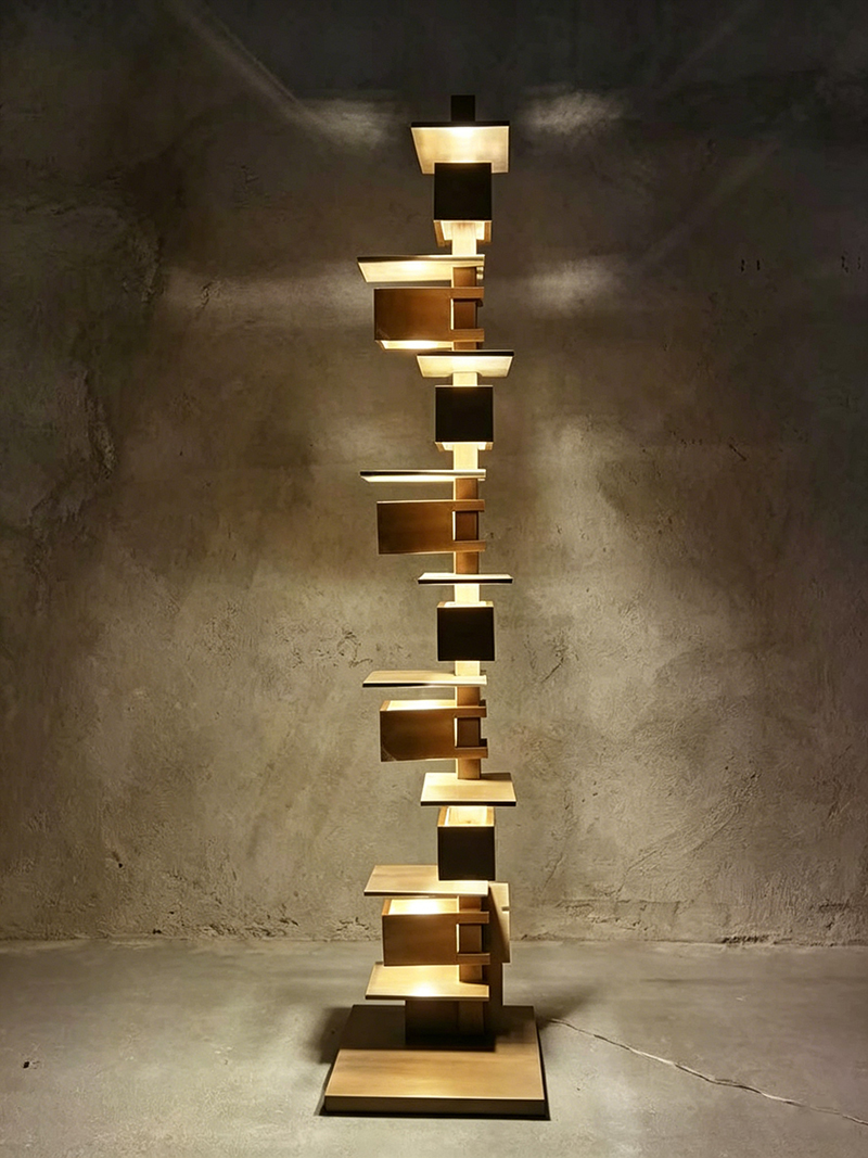 Geometric Stacked Wooden Abstract Sculpture Floor Lamp