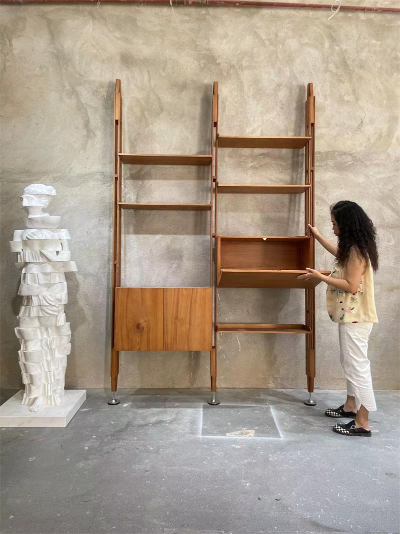 Medieval-style wooden trapezoidal shelving unit wall-mounted bookshelf