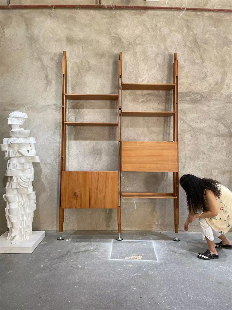Medieval-style wooden trapezoidal shelving unit wall-mounted bookshelf