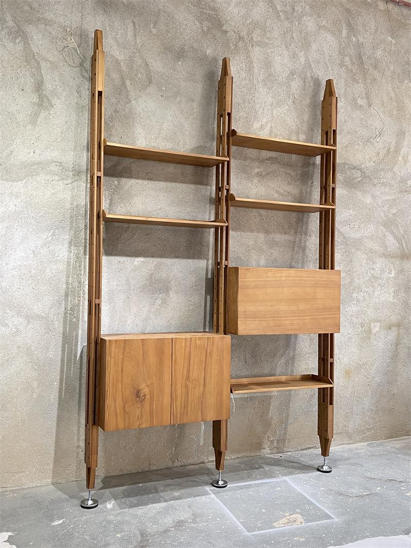 Medieval-style wooden trapezoidal shelving unit wall-mounted bookshelf