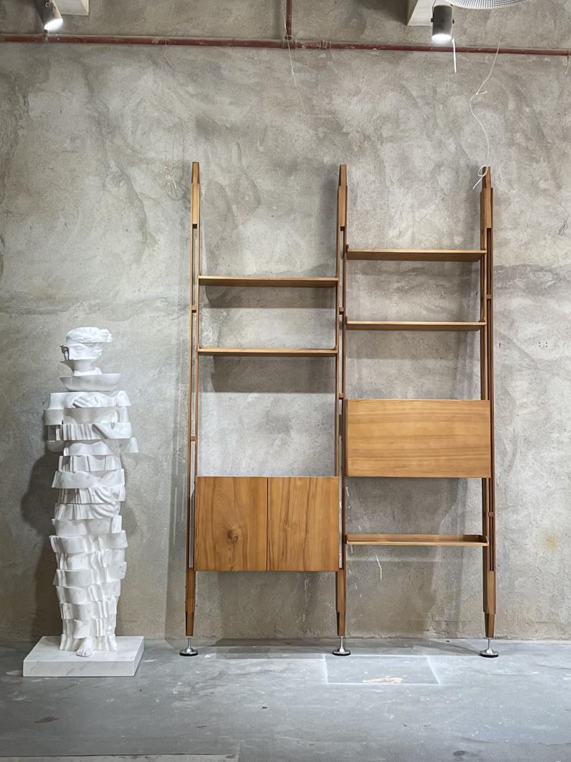 Medieval-style wooden trapezoidal shelving unit wall-mounted bookshelf