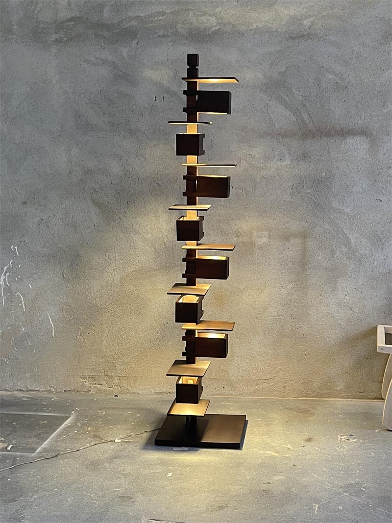 Geometric Stacked Wooden Abstract Sculpture Floor Lamp