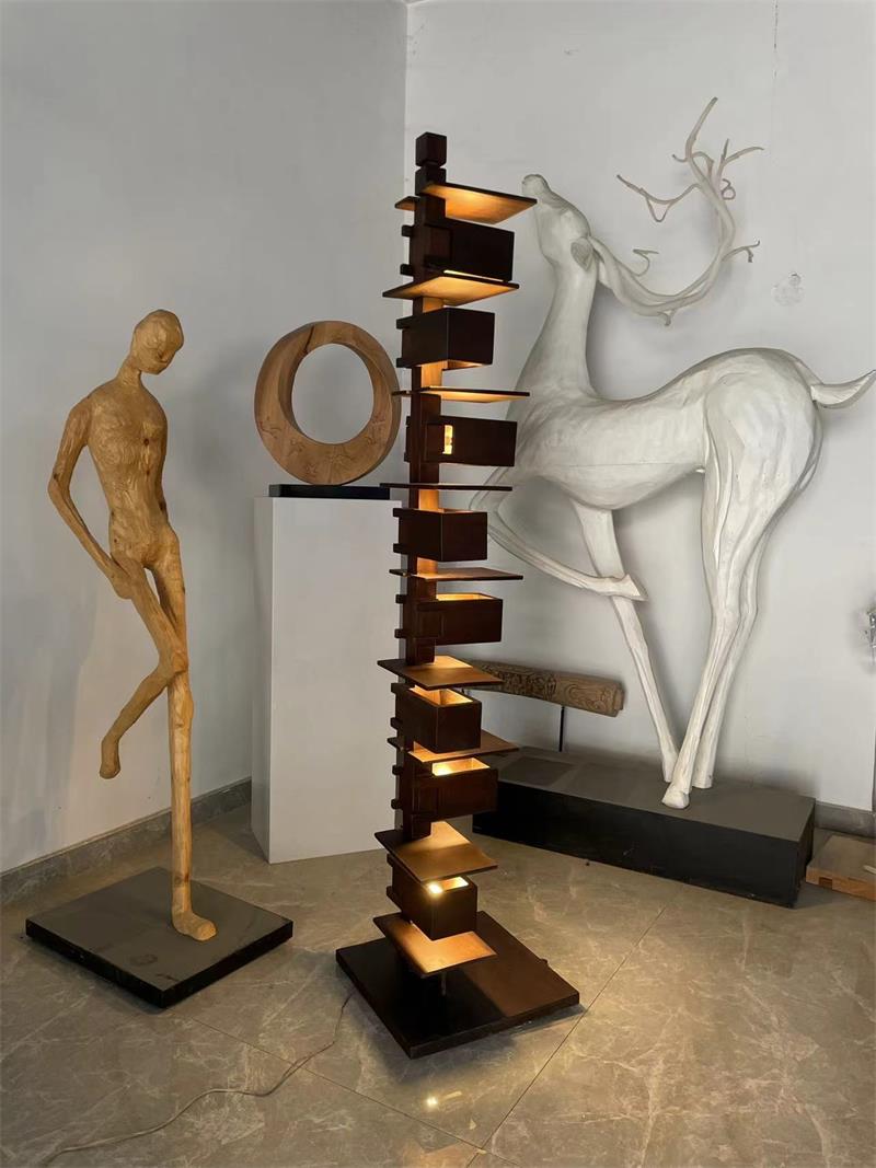Geometric Stacked Wooden Abstract Sculpture Floor Lamp