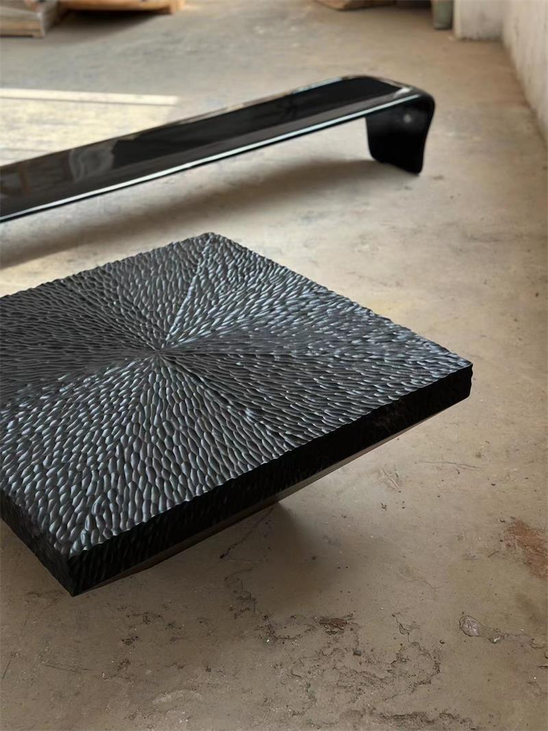 Modern black textured square sculptural-style tea table coffee table