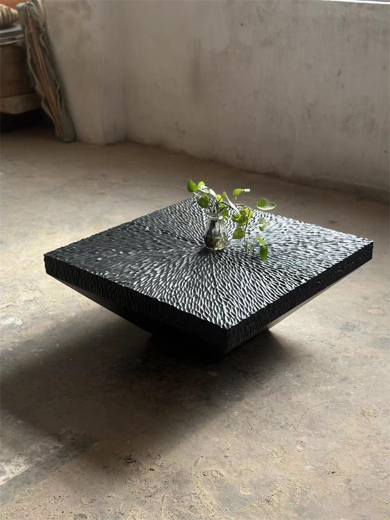 Modern black textured square sculptural-style tea table coffee table